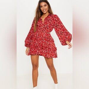 RED FLORAL PRINTED FRILL SKATER SHIRT DRESS